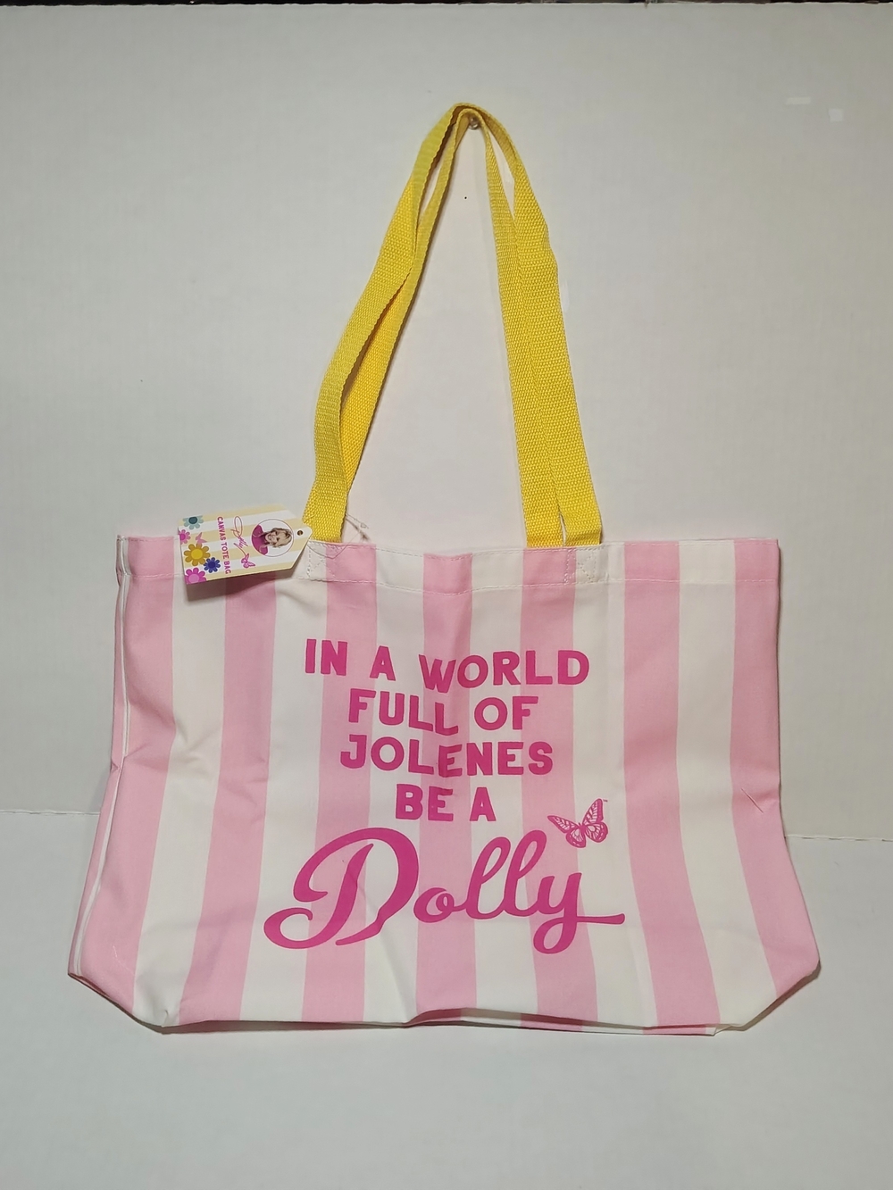 Dolly Parton Pink Stripe Jolene Tote with Yellow Handles